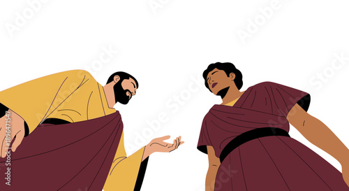 Historical Dialogue Illustration: Low-Angle View of Two Men in Ancient Robes Talking, Representing Authority and Philosophy.