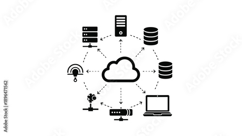 Central cloud computing symbol connected to multiple digital devices and databases representing global data synchronization and online network services.