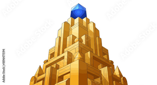 Golden Fantasy Tower with Blue Crystal Apex Isolated. Geometric Art Deco Skyscraper or Temple Structure Illustration symbolizing wealth and achievement.