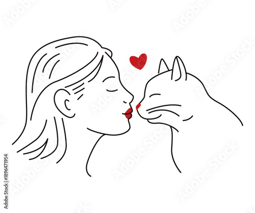 Woman kissing her cat. Girl and her kitten. Minimalistic linear hand drawn illustration for Valentine's Day, about love and tenderness for pets, emotional connection.