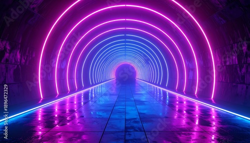 A futuristic neon-lit tunnel with vibrant pink and blue lights