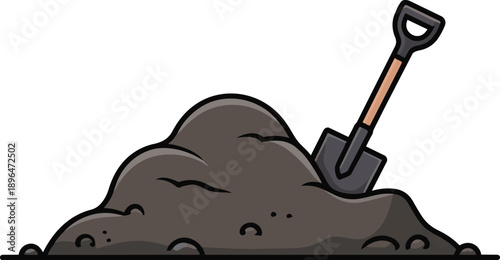 Shovels in a pile of ground. Heap of substrate, humus, fertilizer, compost. Hill of earth or dirt. Bunch of manure. Zero waste. Stock vector. Pile of ground. Vector illustration in flat style