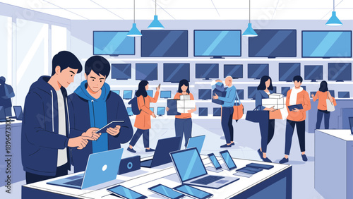 Customers browse and test various digital devices in a modern electronics store filled with televisions laptops and tablets.