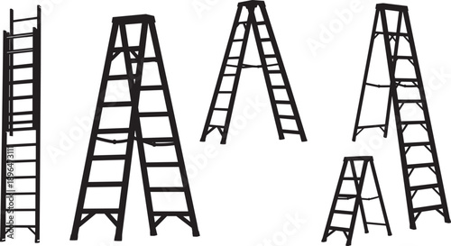 Black Silhouettes Set of Professional Aluminum Stepladders and Folding Ladders for Construction Home Improvement Repair and Maintenance Work Isolated on White Background Vector Art