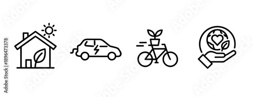 Sustainable Green Living and Eco Friendly Transport Icons