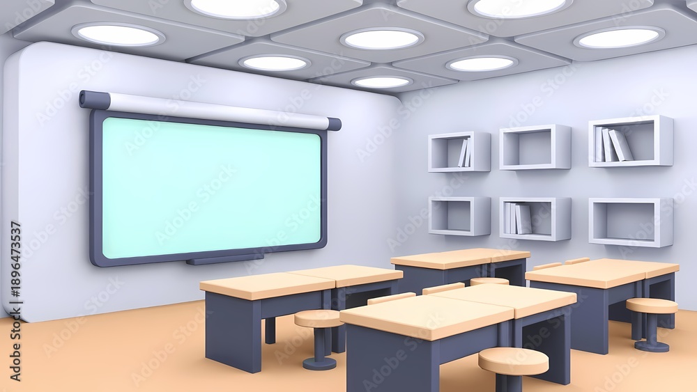 Fototapeta premium Modern classroom interior with whiteboard and projector in a calm, photorealistic 3D render