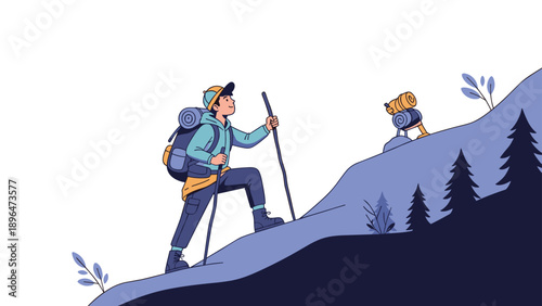 Adventurous hiker with a blue backpack and trekking poles climbs a steep snowy mountain slope towards the icy peak at morning.