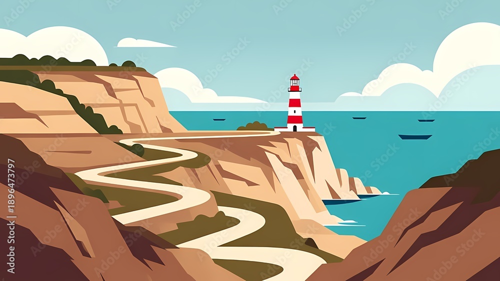 Naklejka premium Coastal Cliffs and Lighthouse in Flat Vector Illustration – Serene Seaside Landscape with Winding Path