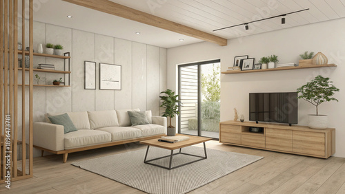 Fotografia Bright and airy modern living room with a light wood accent, neutral sofa, TV console, and large sliding door