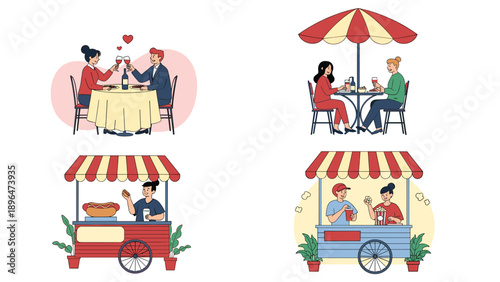 Collection of dining experiences including a romantic couple dinner outdoor cafe and street food carts with happy customers.