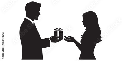 Romantic couple silhouettes proposing and embracing with diamond rings on white background for valentine's day or wedding invitations and love themed designs, Happy Valentine Day Couple Proposing 