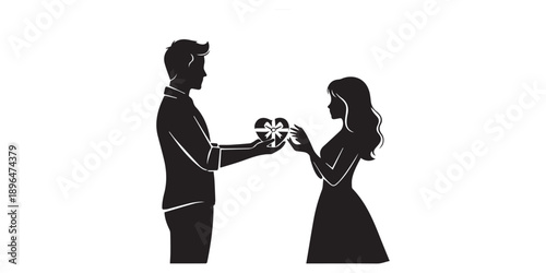 Romantic couple silhouettes proposing and embracing with diamond rings on white background for valentine's day or wedding invitations and love themed designs, Happy Valentine Day Couple Proposing 