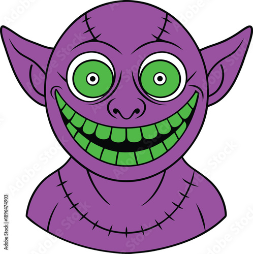 Maniacal carnival demon character with stitched forehead dark fantasy portrait Vector illustration