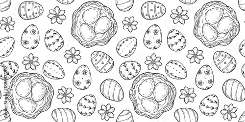 Seamless pattern with hand-drawn easter egg sketches. Vector drawing illustration for packaging, stationery, and decorative design projects.