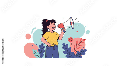 Energetic young girl shouts a loud message through a red and white megaphone in front of a colorful abstract floral background.