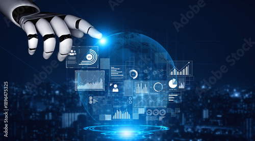 Принти на полотні AI interacts with data analytics dashboard, reading trends, improving decisions, and enhancing insights using advanced data analytics capabilities