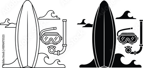 A black and white illustration of a surfboard with snorkeling gear and waves