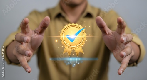 Showcasing quality assurance certification standard excellence guarantee premium approval hands