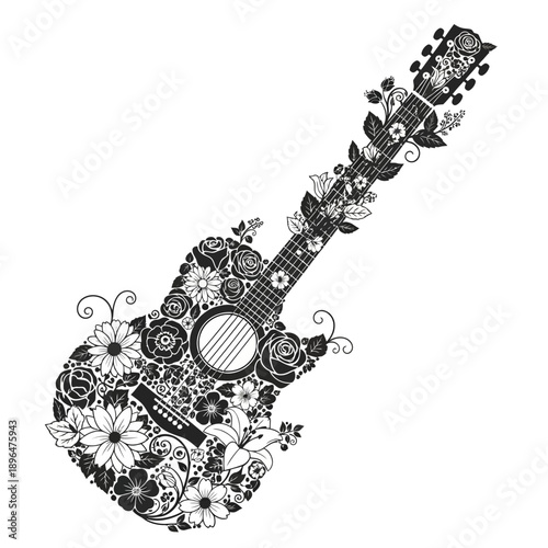 An ornate acoustic guitar decorated with intricate floral designs in black and white