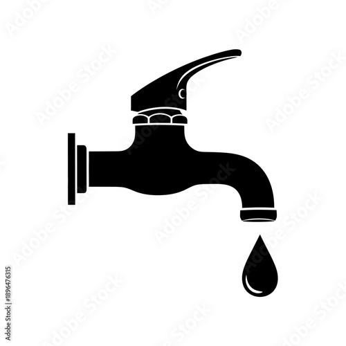 Simple black silhouette of a water faucet with a single droplet
