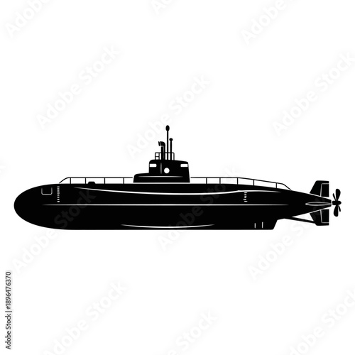 A black silhouette of a streamlined military submarine side view