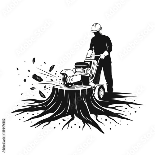 Worker operating a stump grinder removing a tree stump with debris