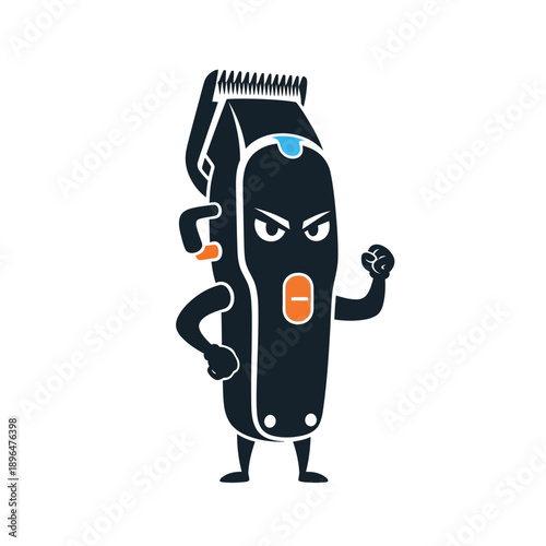 Anthropomorphic hair clippers with a fierce expression and waving hand