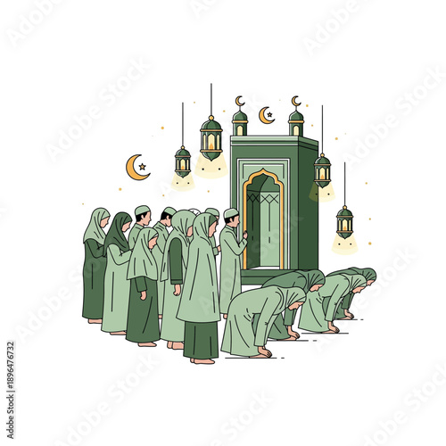 People in green robes praying outside a mosque during Ramadan.