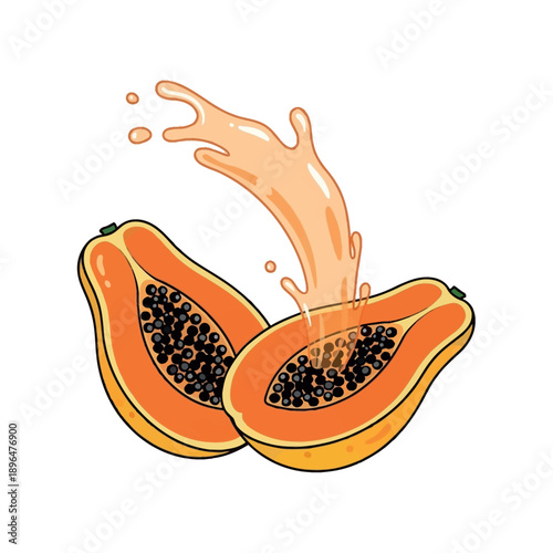 Vibrant papaya halves with juice splashing out on white background illustration