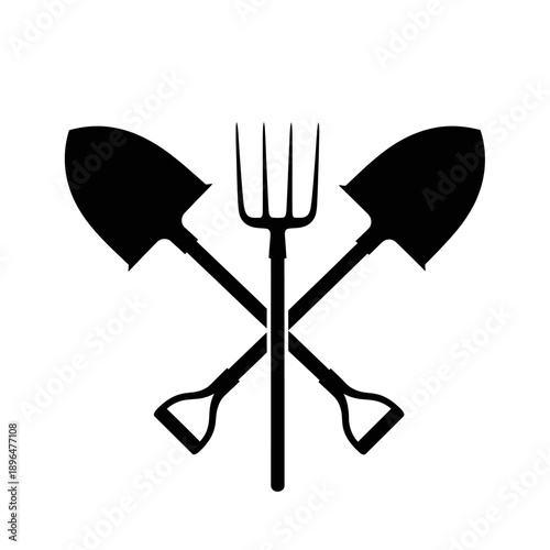 Black silhouette of a pitchfork and two shovels crossed together