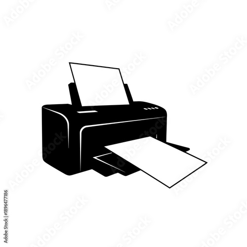 A black and white illustration of an inkjet printer with a printed page