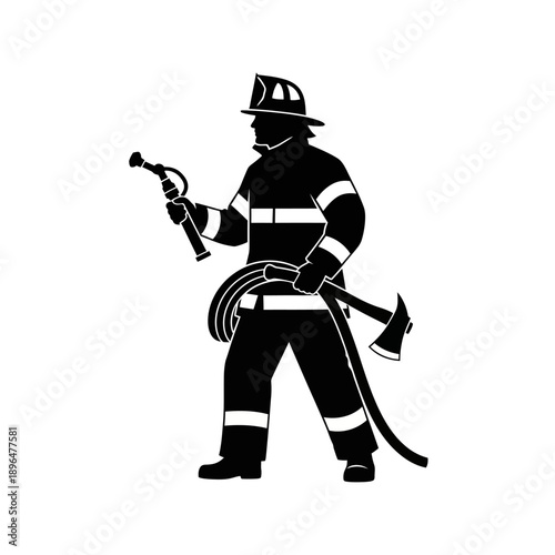Silhouette of a firefighter holding a hose and axe in a heroic pose