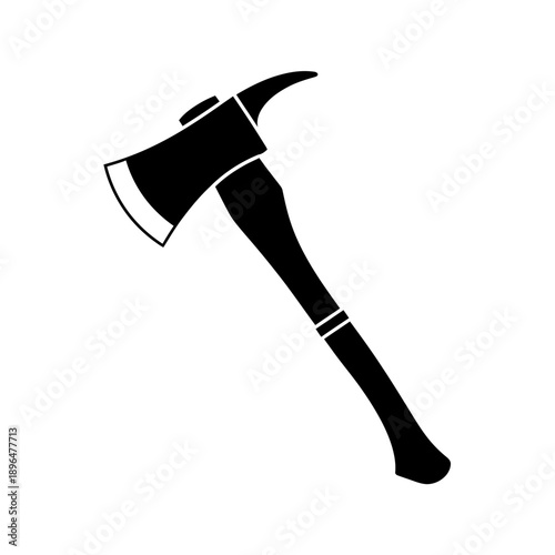 Simple black silhouette of a firefighting axe on a white background