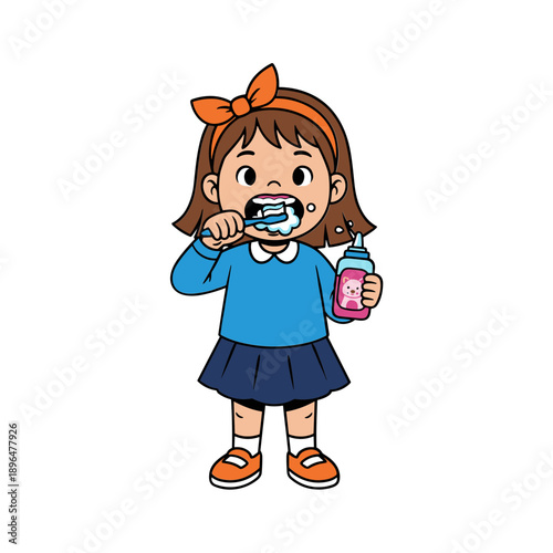 Young Girl Brushing Teeth with Toothpaste