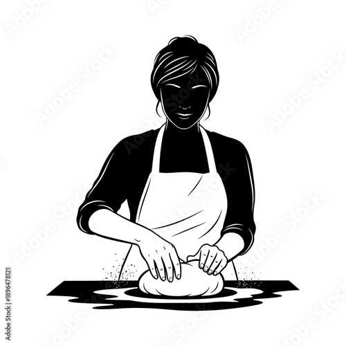 Stylized illustration of a woman preparing dough at a table
