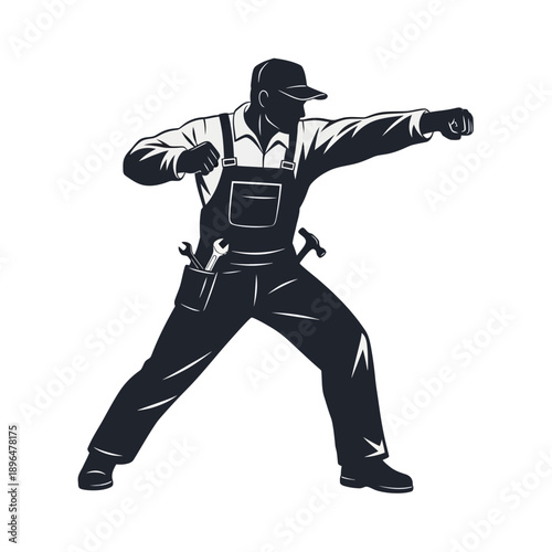 Silhouette of a construction worker in a dynamic fighting pose
