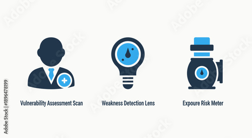 Security and risk assessment icons, depicting vulnerability scan, weakness detection, and exposure meter for cybersecurity and safety.