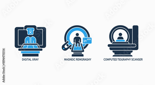 Medical imaging technology icons: digital x-ray, magnetic resonance, and computed tomography scanner for healthcare diagnostics