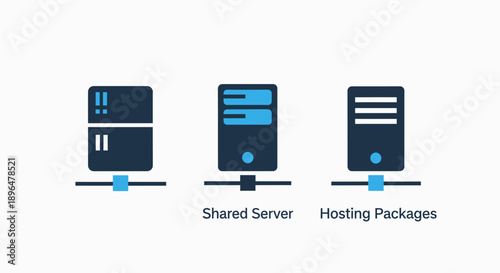 Server and hosting icons representing data centers, shared servers, and hosting packages, essential for web infrastructure and cloud services.