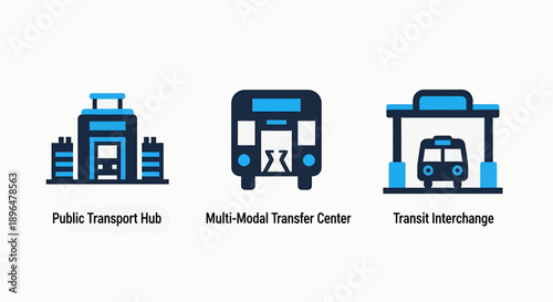 Public transport icons representing a transport hub, multi-modal transfer center, and transit interchange, illustrating urban mobility and connectivity.