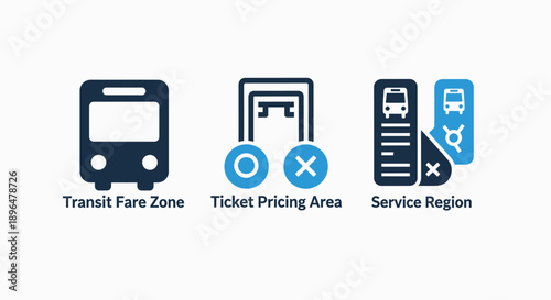 Transportation Service Icons: Transit Fare Zone, Ticket Pricing Area, and Service Region Map for Public Transport Management
