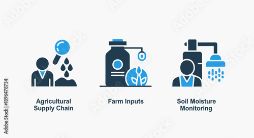 Agricultural Technology Icons: Soil Analysis, Farm Inputs, and Soil Moisture Monitoring for Smart Farming and Crop Management