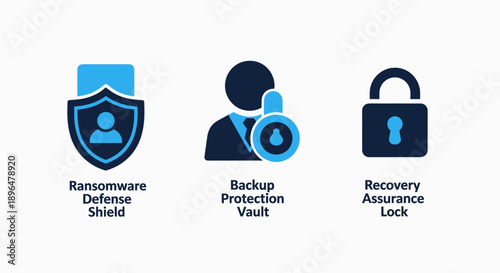 Cybersecurity icons representing ransomware defense, data backup, and security locks for digital protection.