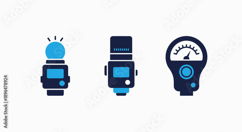 Icons for photography equipment including a flash, external flash, and a light meter, essential for creative lighting.