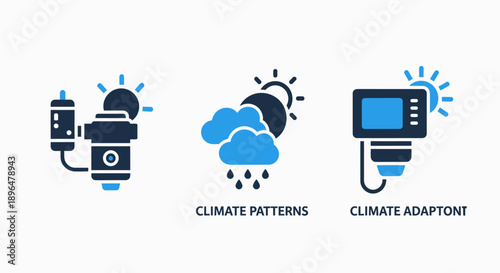 Icons related to climate: weather patterns, rain, sun, and climate adaptation, for environmental awareness.