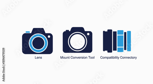 Photography icons: camera lens, mount conversion tool, and compatibility connector representing camera equipment and accessories.