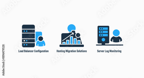 Server and IT infrastructure icons: load balancer configuration, hosting migration solutions, and server log monitoring for network management.