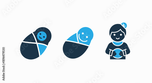 Newborn and baby care icons: swaddled infants and mother holding baby, representing birth, family, and childhood.