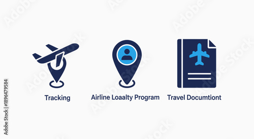 Travel icons: airplane tracking, airline loyalty program with map pin, and travel document with airplane symbol.