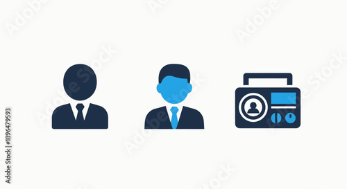 Icons of business professionals and a retro radio: generic person silhouette, person with blue tie, and vintage portable radio.